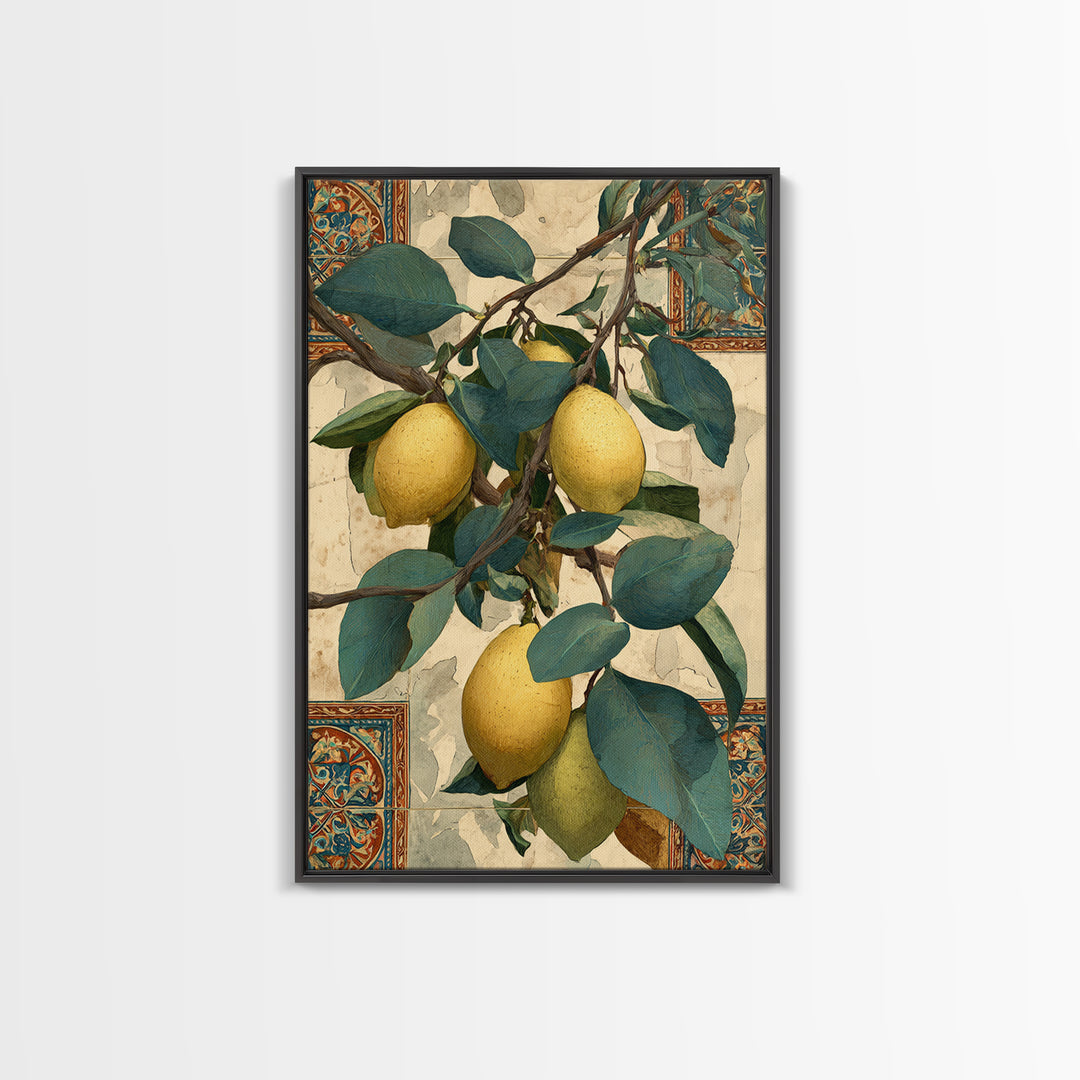 Sicilian Lemon Branch on Ivory Background Canvas Print, Mediterranean Art, Living Room Decor, Oil Painting, Azure, MAR-2x3-45