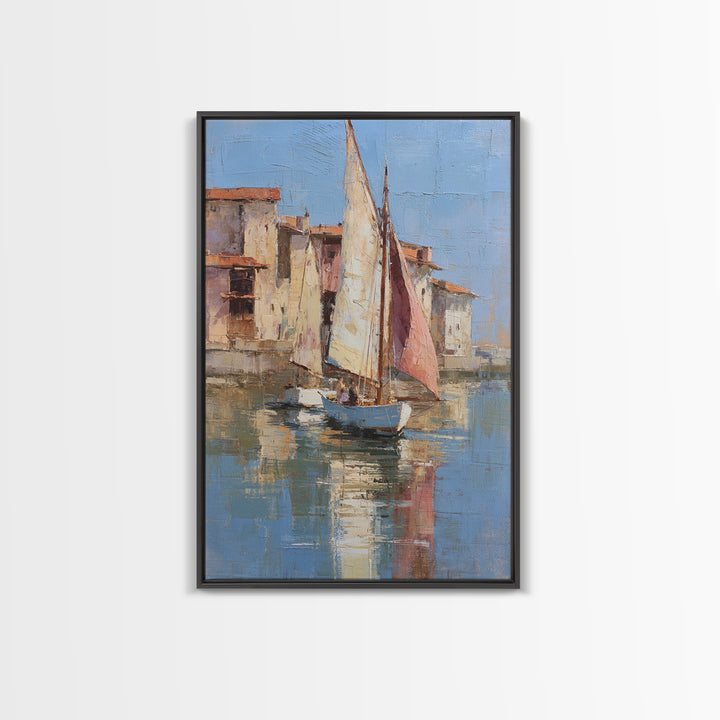 Mediterranean Sailboat on Glassy Water Canvas Print, Mediterranean Art, Boho Decor, Living Room Decor, Fine Art, Azure, MAR-2x3-50