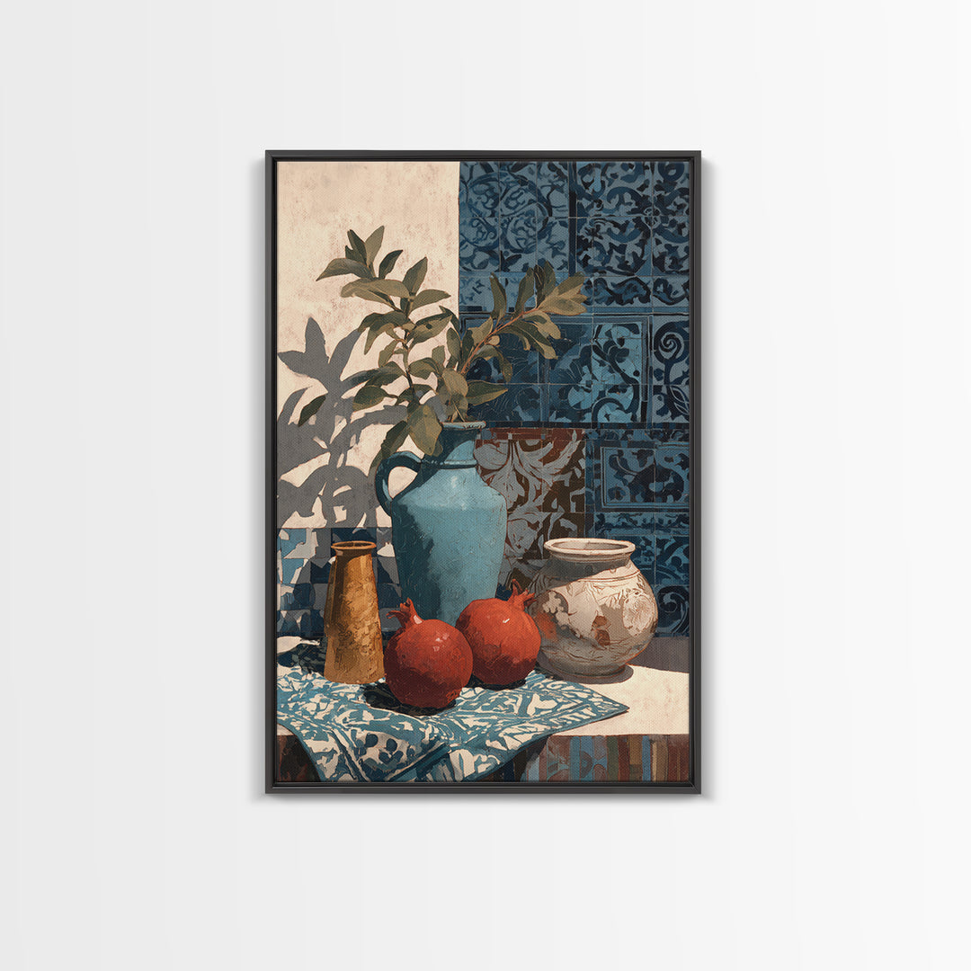 Pomegranate Still Life Framed Canvas Print, Mediterranean Art, Living Room Art, Living Room Decor, Oil Painting, Azure, MAR-2x3-51