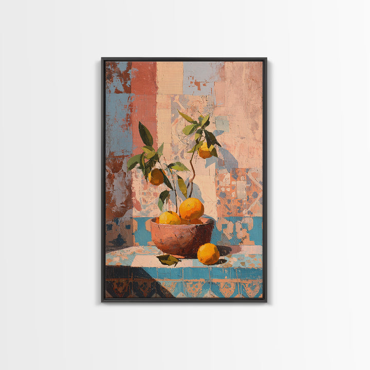 Ceramic Bowl of Oranges and Leaves Framed Canvas Print, Mediterranean Art, Living Room Decor, Oil Painting, Azure, MAR-2x3-53