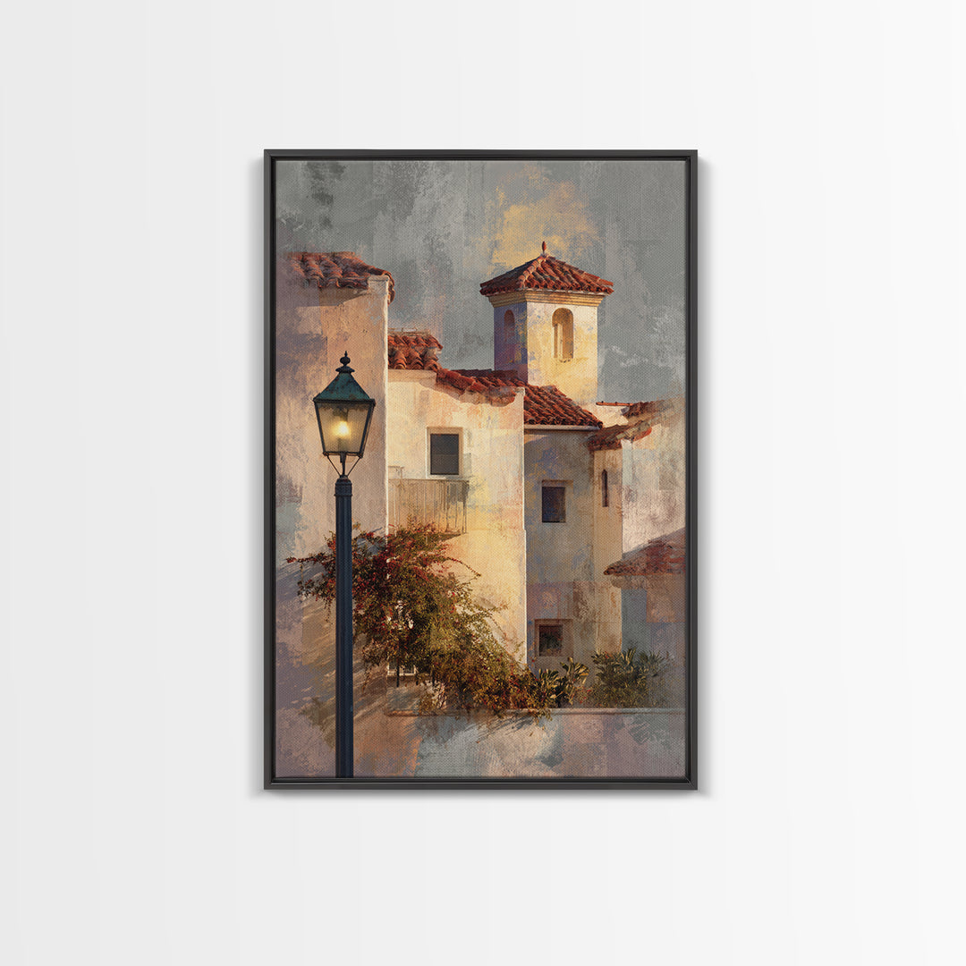 Sunset over Red Tiled Rooftops Framed Canvas Print, Mediterranean Art, Travel Poster, Living Room Decor, Fine Art, Azure, MAR-2x3-55