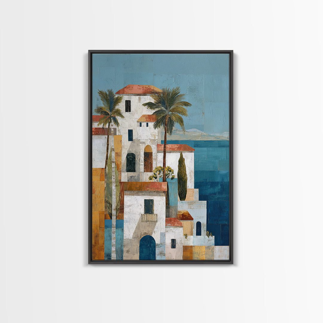 Greek Island White Buildings Above Blue Sea Canvas Print, Mediterranean Art, Framed Wall Art, Living Room Decor, Oil Painting, MAR-2x3-57