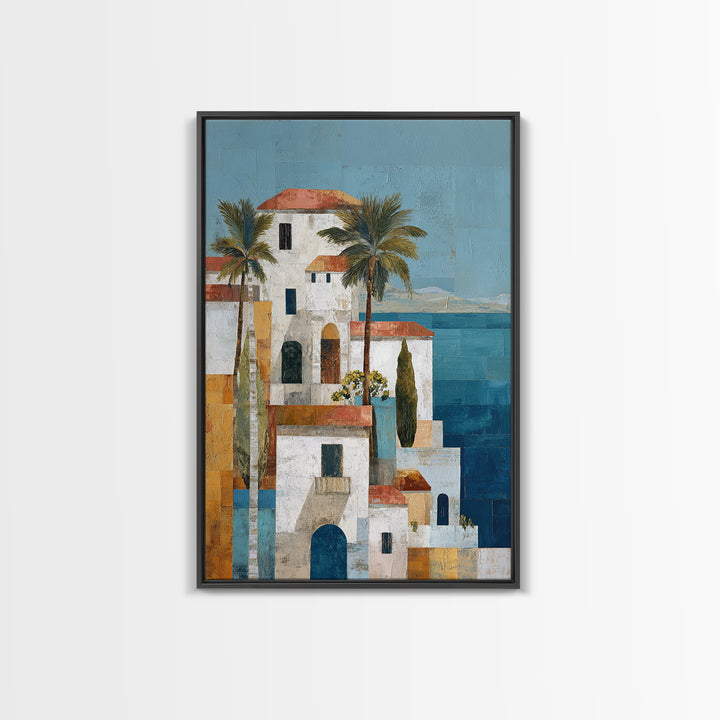 Greek Island White Buildings Above Blue Sea Canvas Print, Mediterranean Art, Framed Wall Art, Living Room Decor, Oil Painting, MAR-2x3-57
