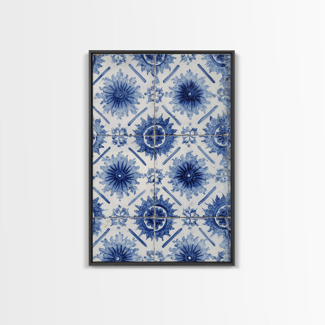 Blue and White Tile Pattern Framed Canvas Print, Mediterranean Art, Statement Artwork, Living Room Decor, Fine Art, Azure, MAR-2x3-60
