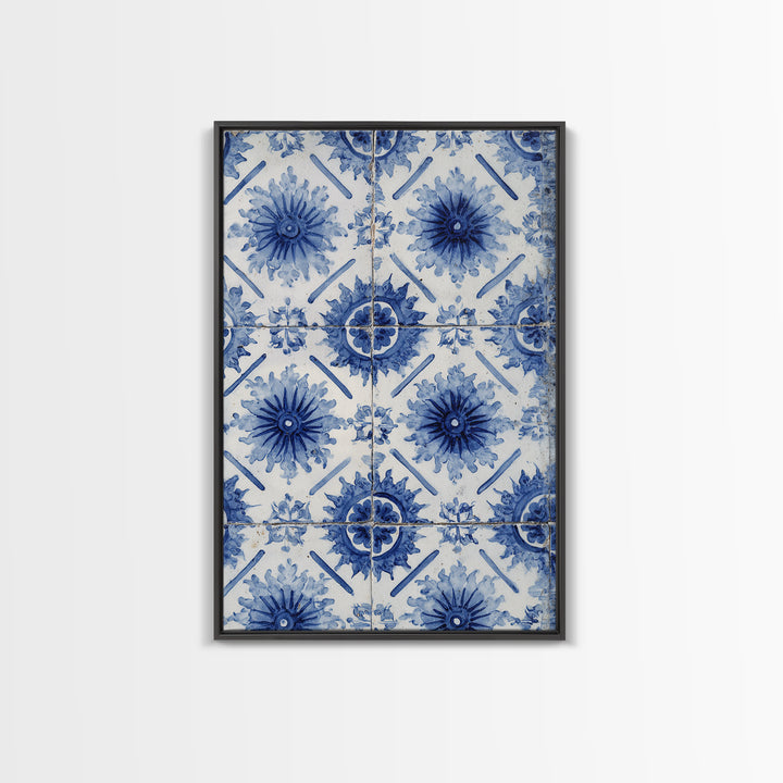 Blue and White Tile Pattern Framed Canvas Print, Mediterranean Art, Statement Artwork, Living Room Decor, Fine Art, Azure, MAR-2x3-60