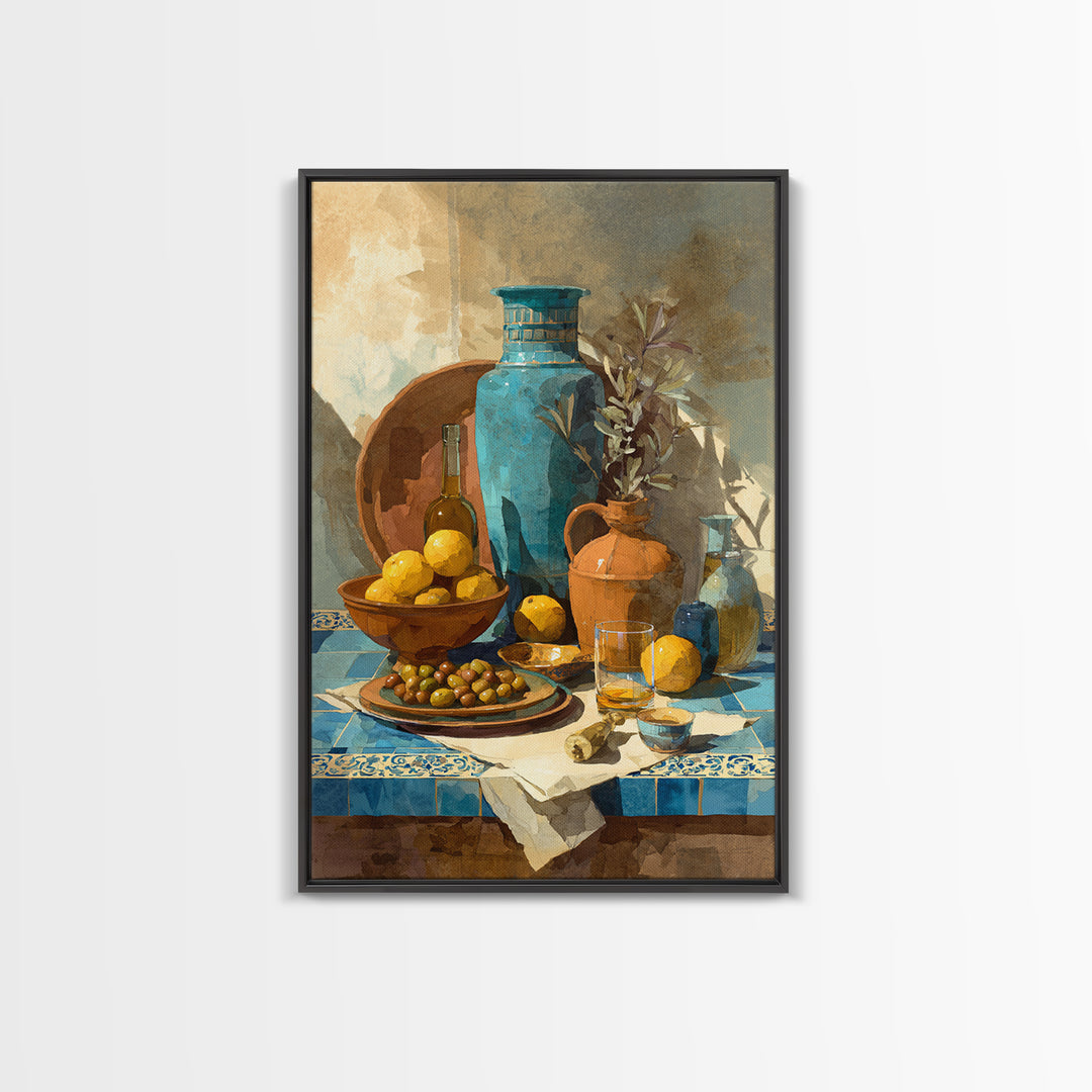 Figs Olives and Cheese Still Life Framed Canvas Print, Mediterranean Art, Gallery Decor, Living Room Decor, Fine Art, Azure, MAR-2x3-64