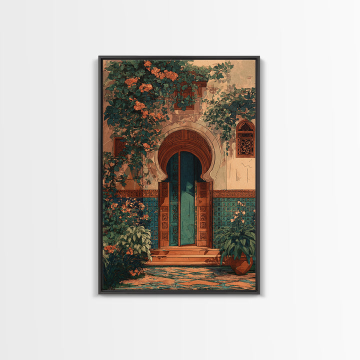 Sunlit Courtyard Doorway Canvas Print, Mediterranean Art, Luxury Decor, Living Room Decor, Fine Art, Azure, Framed Wall Art, MAR-2x3-67