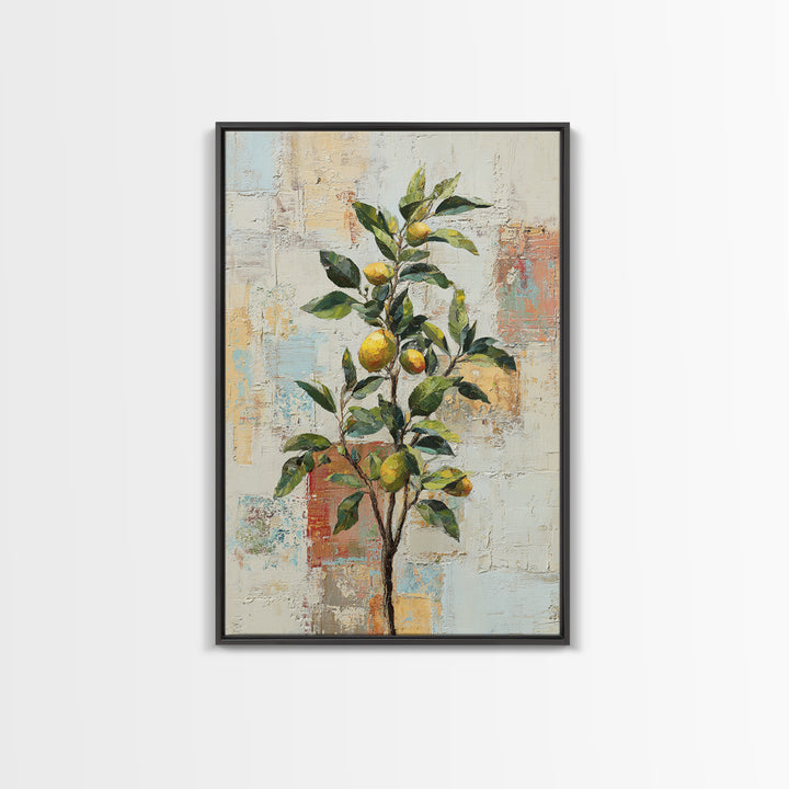 Sicilian Lemon Branch on Ivory Background Framed Canvas Print, Mediterranean Art, Oil Painting, Living Room Decor, MAR-2x3-69
