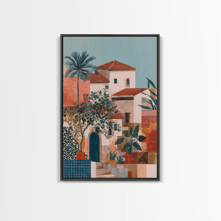 Sunset over Red Tiled Rooftops Canvas Print, Mediterranean Art, Watercolor Painting, Living Room Decor, Fine Art, Azure, MAR-2x3-7