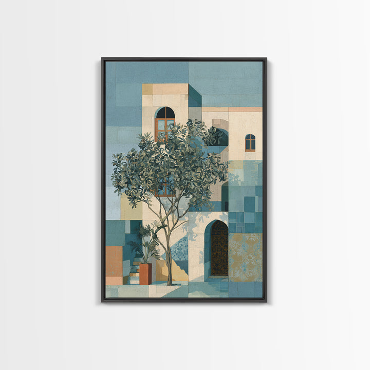 Olive Grove under Pale Morning Light Framed Canvas Print, Mediterranean Art, Digital Wall Art, Living Room Decor, Azure, MAR-2x3-73