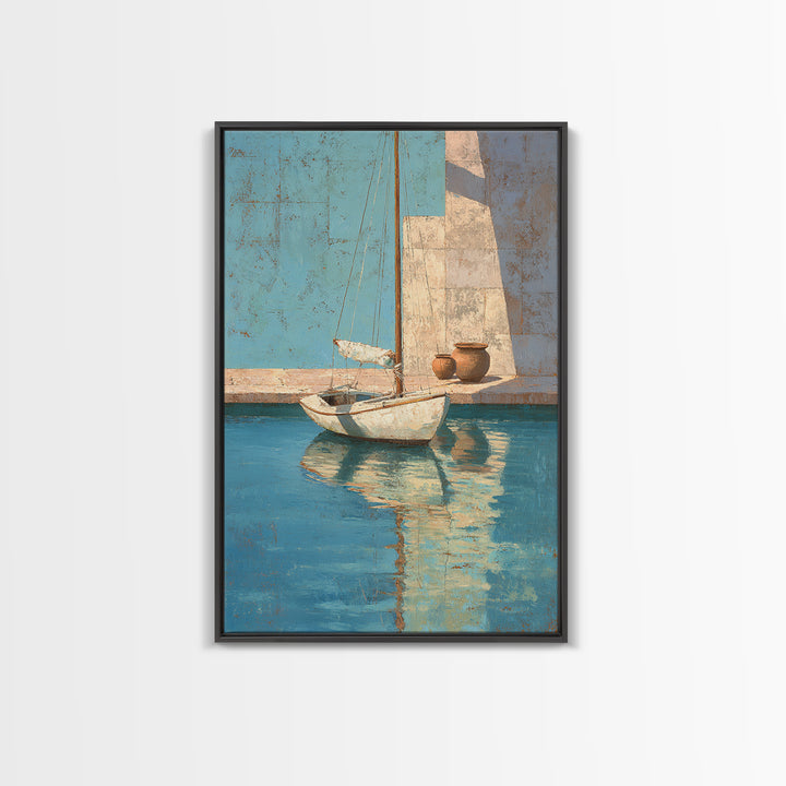 Mediterranean Sailboat on Glassy Water Canvas Print, Mediterranean Art, Living Room Decor, Azure, Digital Art Prints, MAR-2x3-74