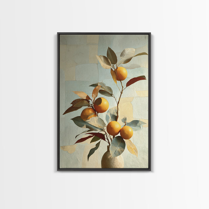 Ceramic Bowl of Oranges and Leaves Canvas Print, Mediterranean Art, Large Wall Art, Living Room Decor, Fine Art, Azure, MAR-2x3-77