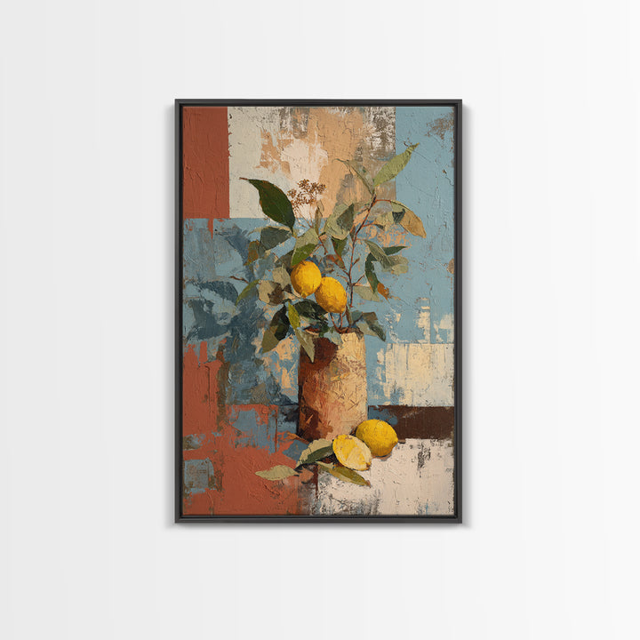 Olive Branch and Lemons on Terracotta Ground Canvas Print, Mediterranean Art, Contemporary Art, Living Room Decor, Azure, MAR-2x3-82