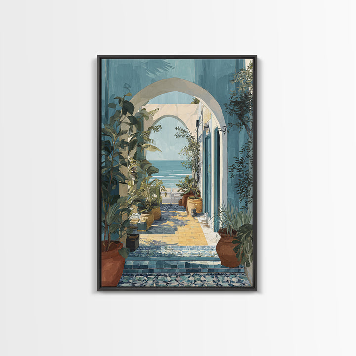Mediterranean Arch Framing Ocean Horizon Framed Canvas Print, Mediterranean Art, Oil Painting, Living Room Decor, Azure, MAR-2x3-83