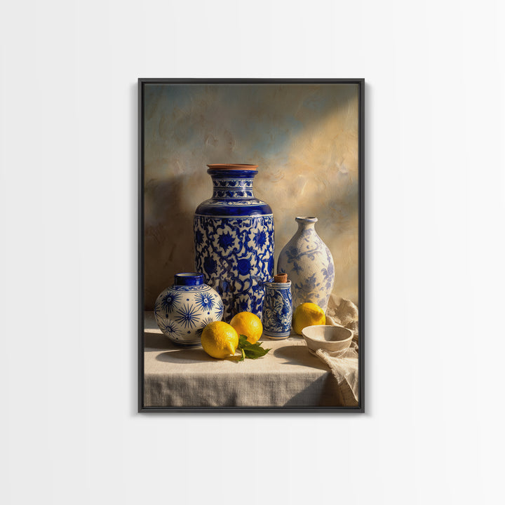Blue and White Tile Pattern Framed Canvas Print, Mediterranean Art, Modern Wall Art, Living Room Decor, Fine Art, Azure, MAR-2x3-84