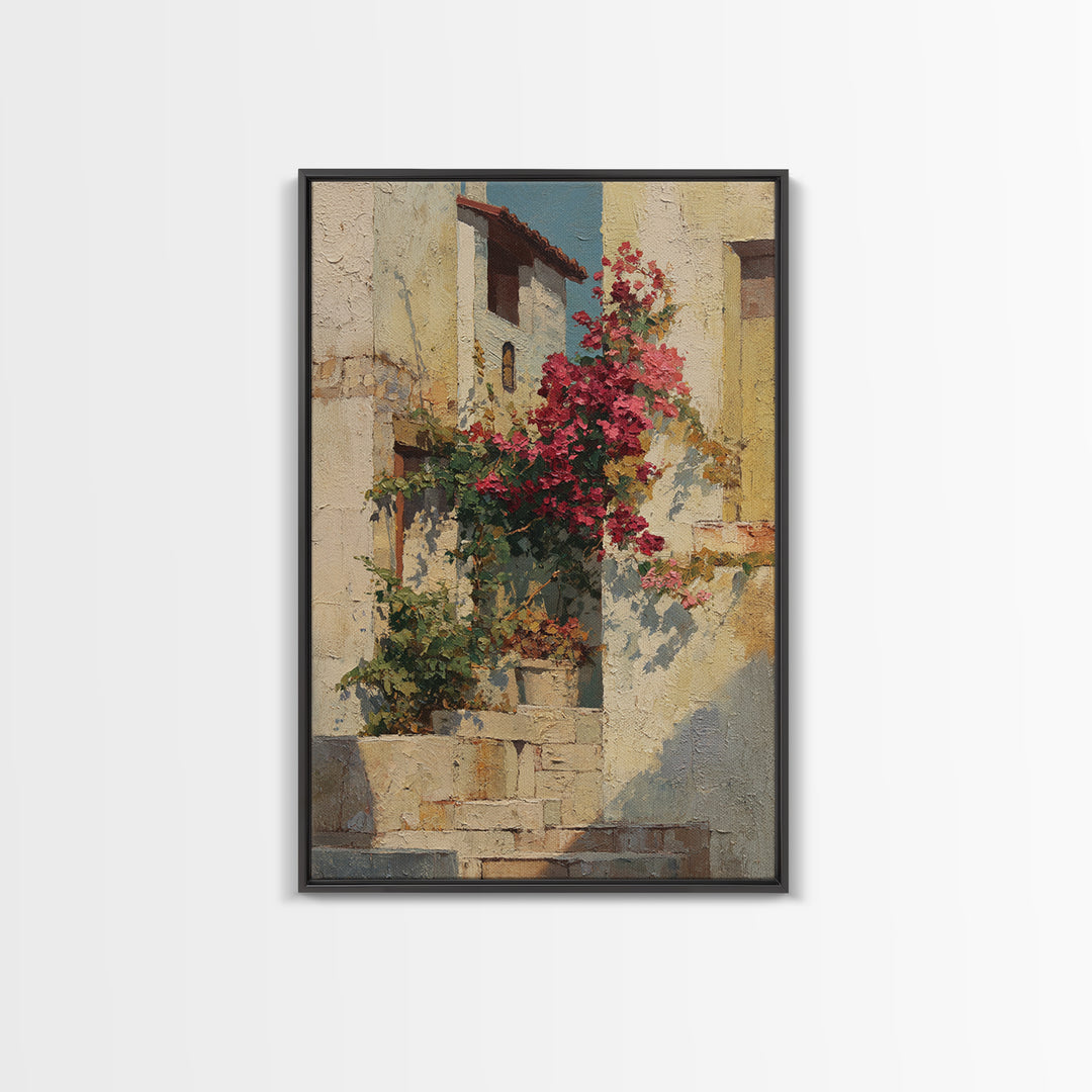 Bougainvillea Cascading over Stone Wall Framed Canvas Print, Mediterranean Art, Digital Print, Living Room Decor, Azure, MAR-2x3-85