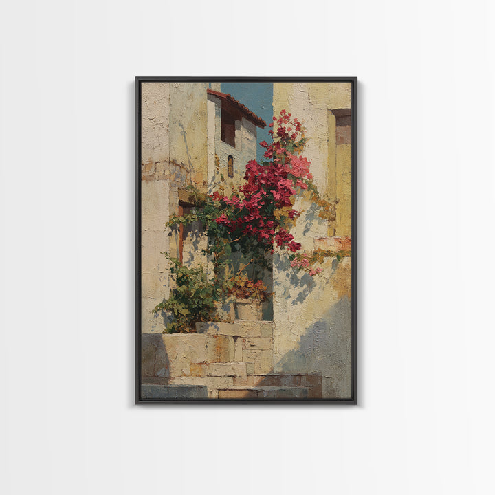 Bougainvillea Cascading over Stone Wall Framed Canvas Print, Mediterranean Art, Digital Print, Living Room Decor, Azure, MAR-2x3-85