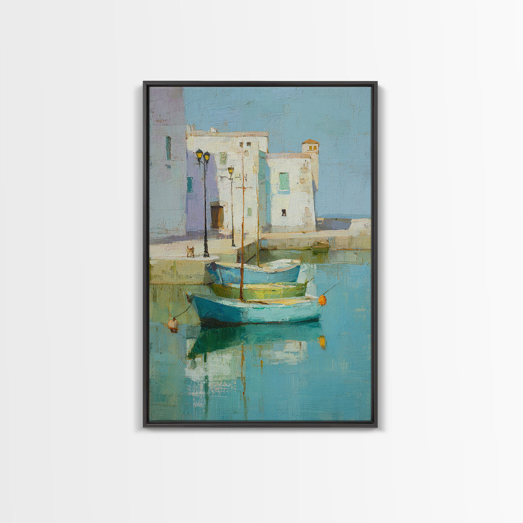 Coastal Fishing Boats Framed Canvas Print, Mediterranean Art, Digital Wall Art, Living Room Decor, Azure, Coastal Wall Art, MAR-2x3-87