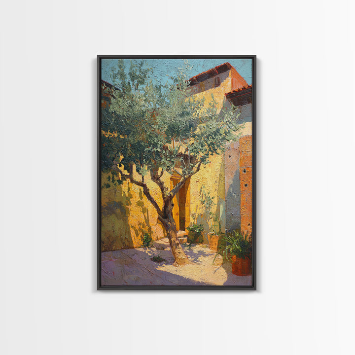 Olive Grove under Pale Morning Light Framed Canvas Print, Mediterranean Art, Digital Wall Art, Living Room Decor, Azure, MAR-2x3-97