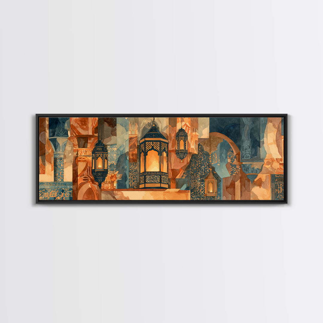Moroccan Influenced Lantern Framed Canvas Print, Mediterranean Art, Digital Print, Living Room Decor, Fine Art, Azure, MAR-3x1-1