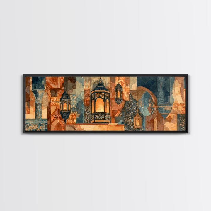 Moroccan Influenced Lantern Framed Canvas Print, Mediterranean Art, Digital Print, Living Room Decor, Fine Art, Azure, MAR-3x1-1