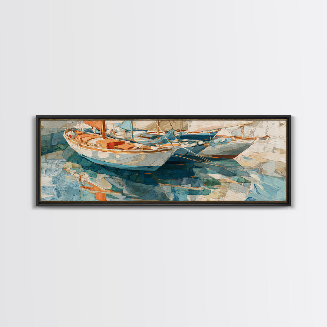 Mediterranean Sailboat on Glassy Water Framed Canvas Print, Mediterranean Art, Textured Painting, Living Room Decor, Azure, MAR-3x1-10