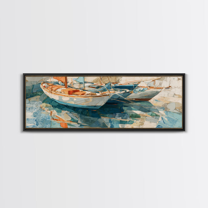 Mediterranean Sailboat on Glassy Water Framed Canvas Print, Mediterranean Art, Textured Painting, Living Room Decor, Azure, MAR-3x1-10