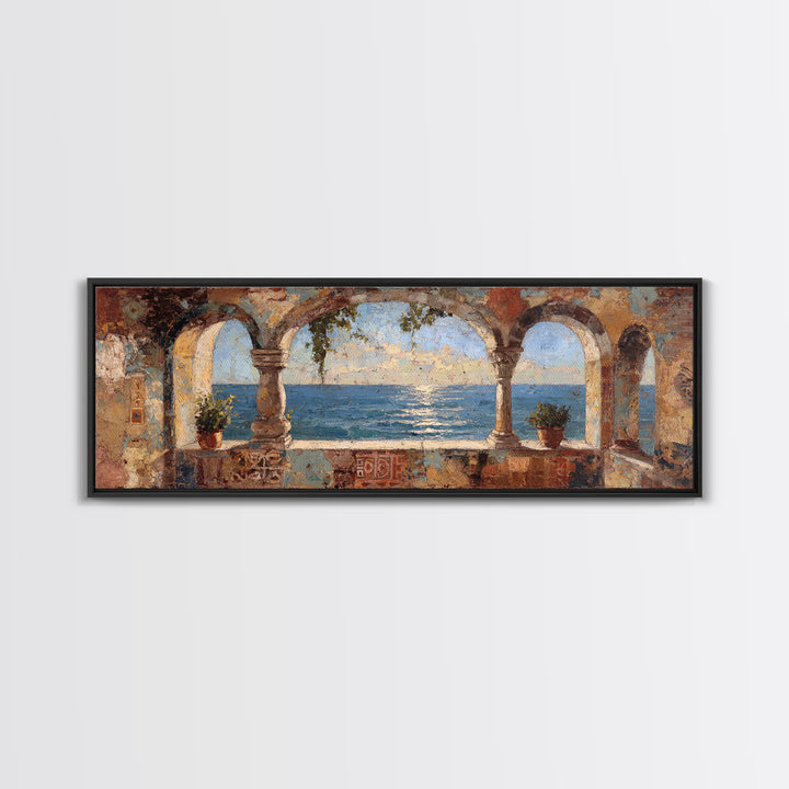 Mediterranean Arch Framing Ocean Horizon Canvas Print, Mediterranean Art, Wall Decor, Living Room Decor, Fine Art, Azure, MAR-3x1-19