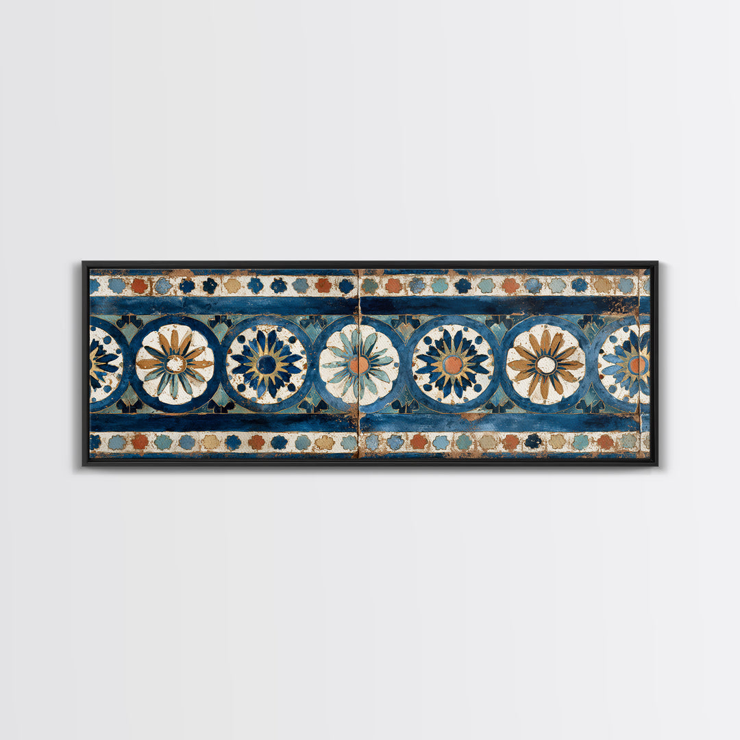 Blue and White Tile Pattern Canvas Print, Mediterranean Art, Landscape Wall Art, Living Room Decor, Azure, Luxury Decor, MAR-3x1-20