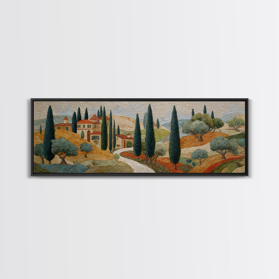 Tuscan Cypress Trees and Golden Hillside Canvas Print, Mediterranean Art, Neutral Decor, Living Room Decor, Abstract Art, Azure, MAR-3x1-22