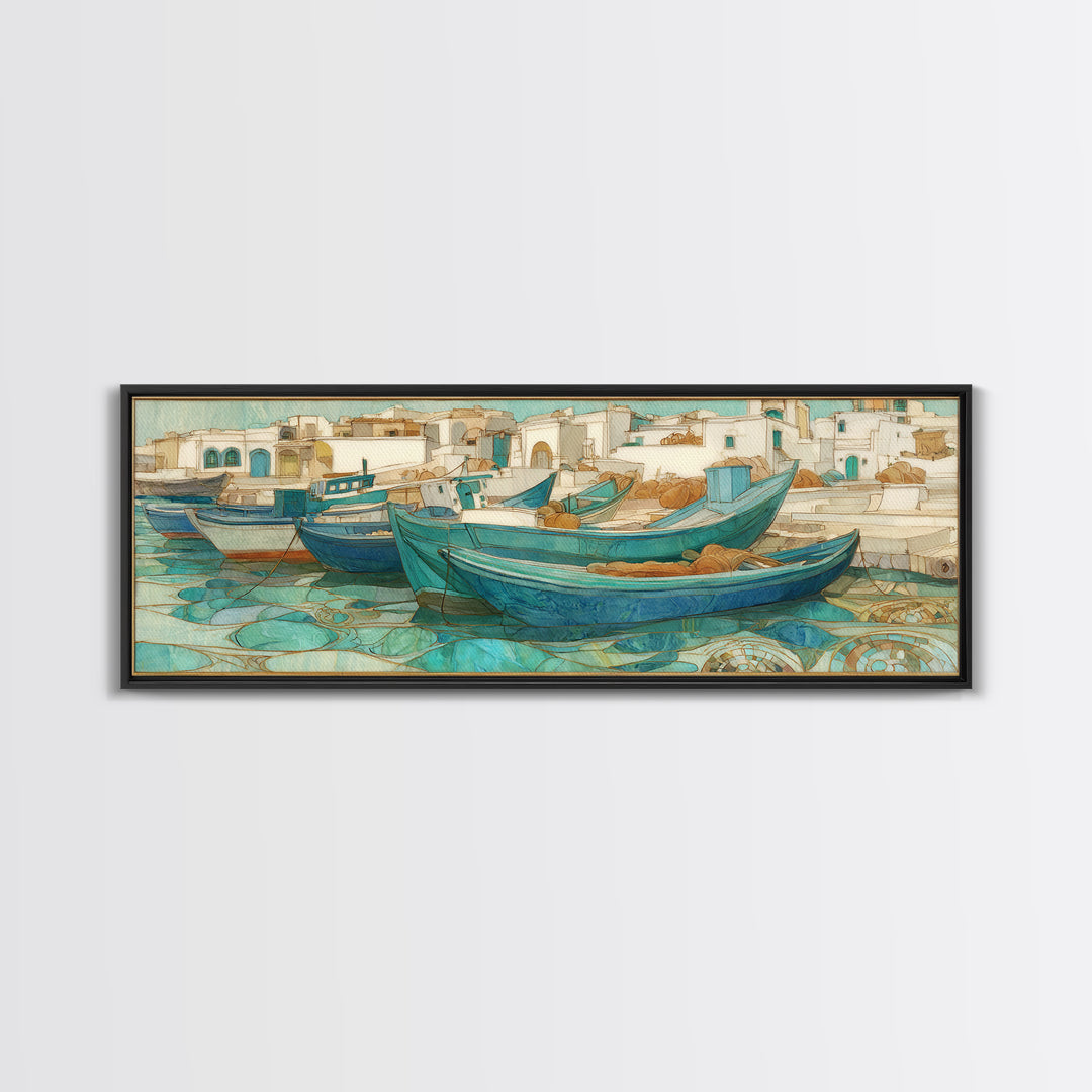 Coastal Fishing Boats Framed Canvas Print, Mediterranean Art, Neutral Decor, Living Room Decor, Fine Art, Azure, Home Decor, MAR-3x1-23