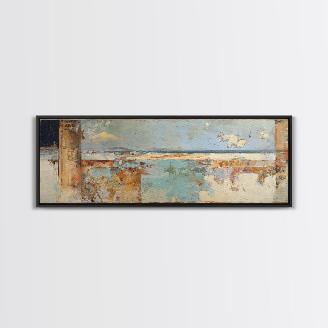 Ancient Column with Sea and Sky Beyond Framed Canvas Print, Mediterranean Art, Beach Prints, Living Room Decor, Oil Painting, MAR-3x1-28