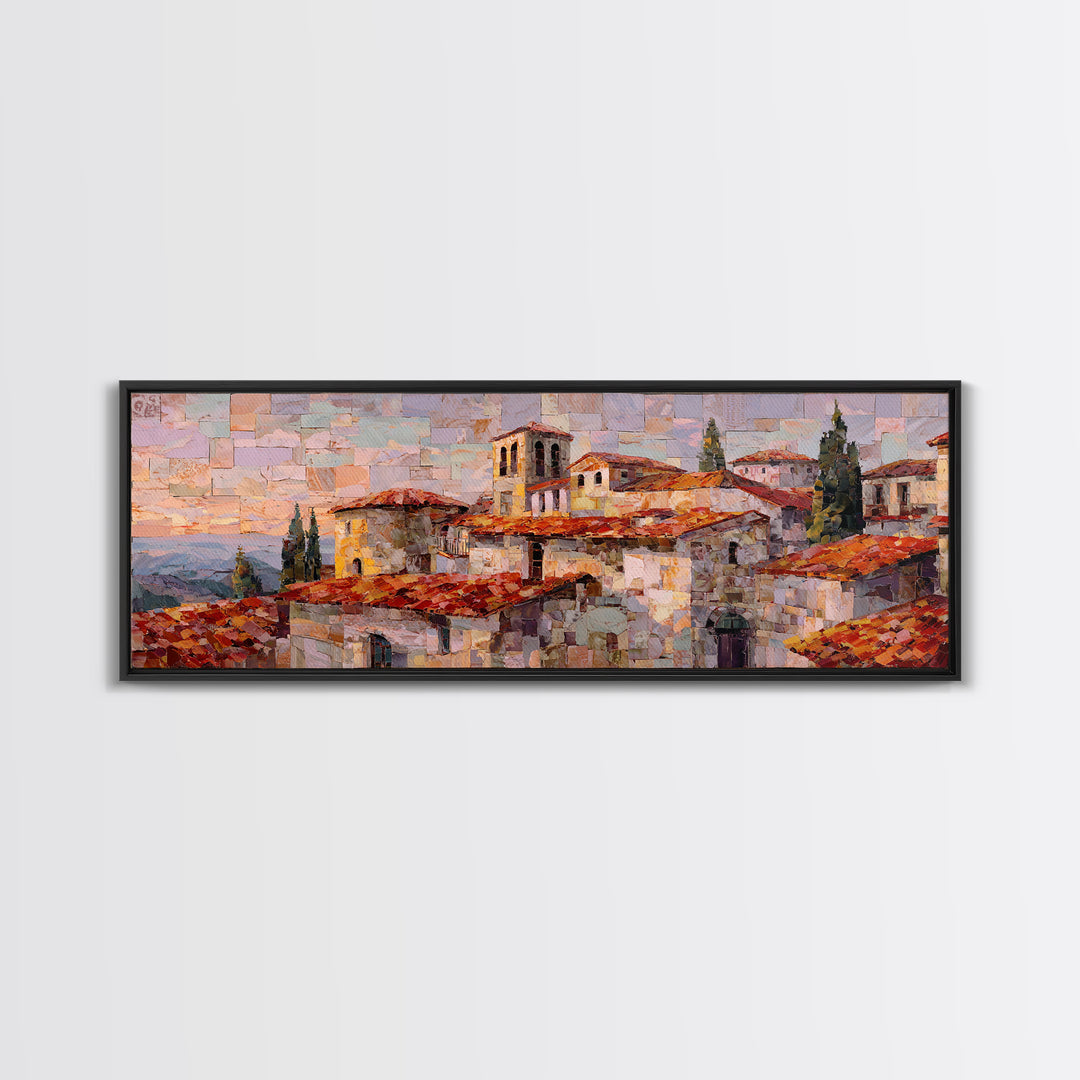 Sunset over Red Tiled Rooftops Canvas Print, Mediterranean Art, Gallery Decor, Living Room Decor, Azure, Minimalist Decor, MAR-3x1-39