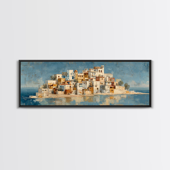Greek Island White Buildings Above Blue Sea Canvas Print, Mediterranean Art, Coastal Wall Art, Living Room Decor, MAR-3x1-41