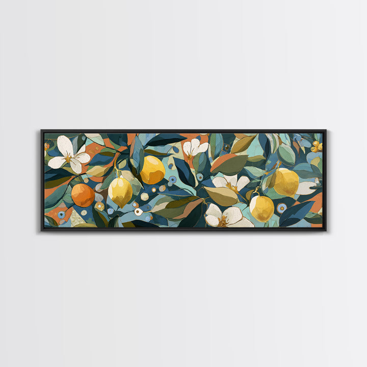 Olive Branch and Lemons on Terracotta Ground Canvas Print, Mediterranean Art, Farmhouse Decor, Living Room Decor, MAR-3x1-42