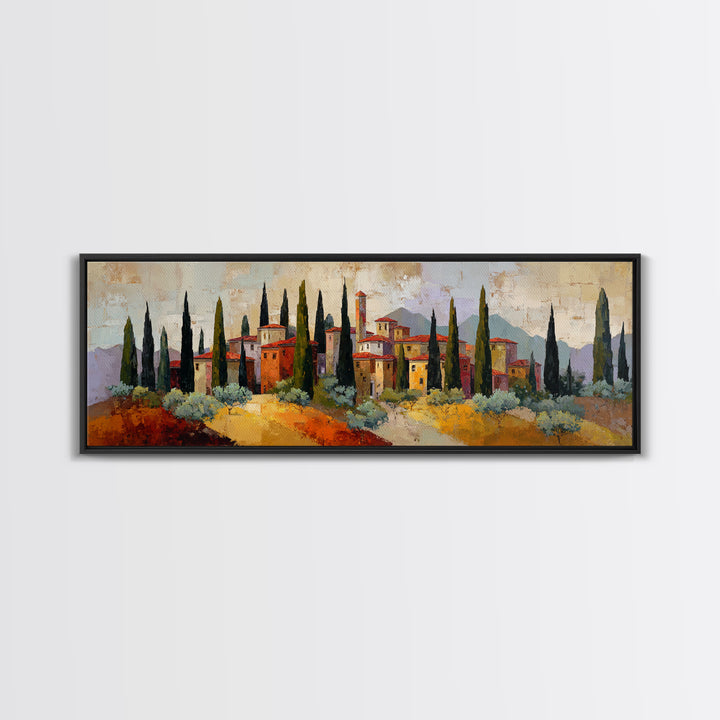 Tuscan Cypress Trees and Golden Hillside Canvas Print, Mediterranean Art, Horizontal Wall Art, Living Room Decor, Azure, MAR-3x1-46