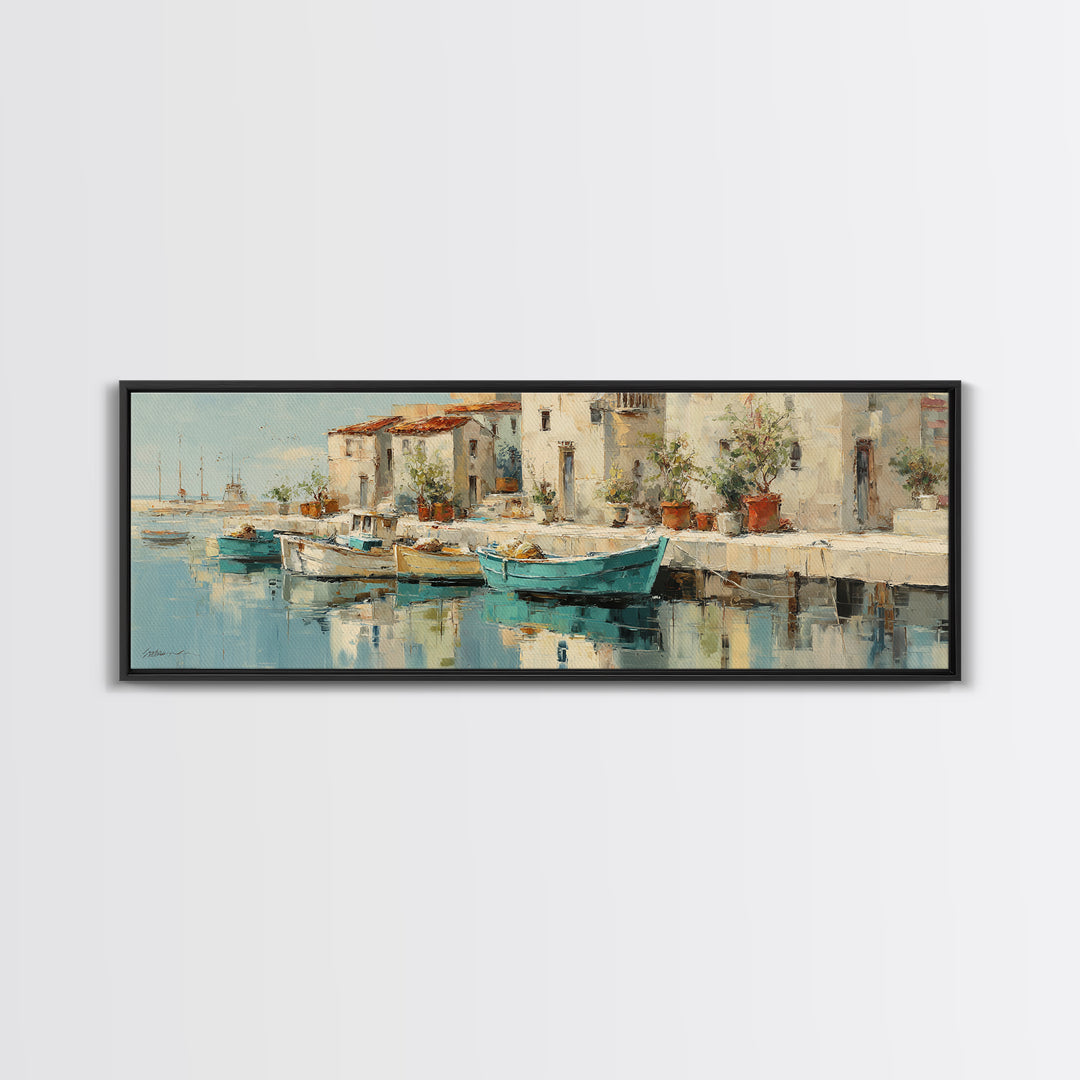 Coastal Fishing Boats Framed Canvas Print, Mediterranean Art, Contemporary Art, Living Room Decor, Oil Painting, Azure, MAR-3x1-47