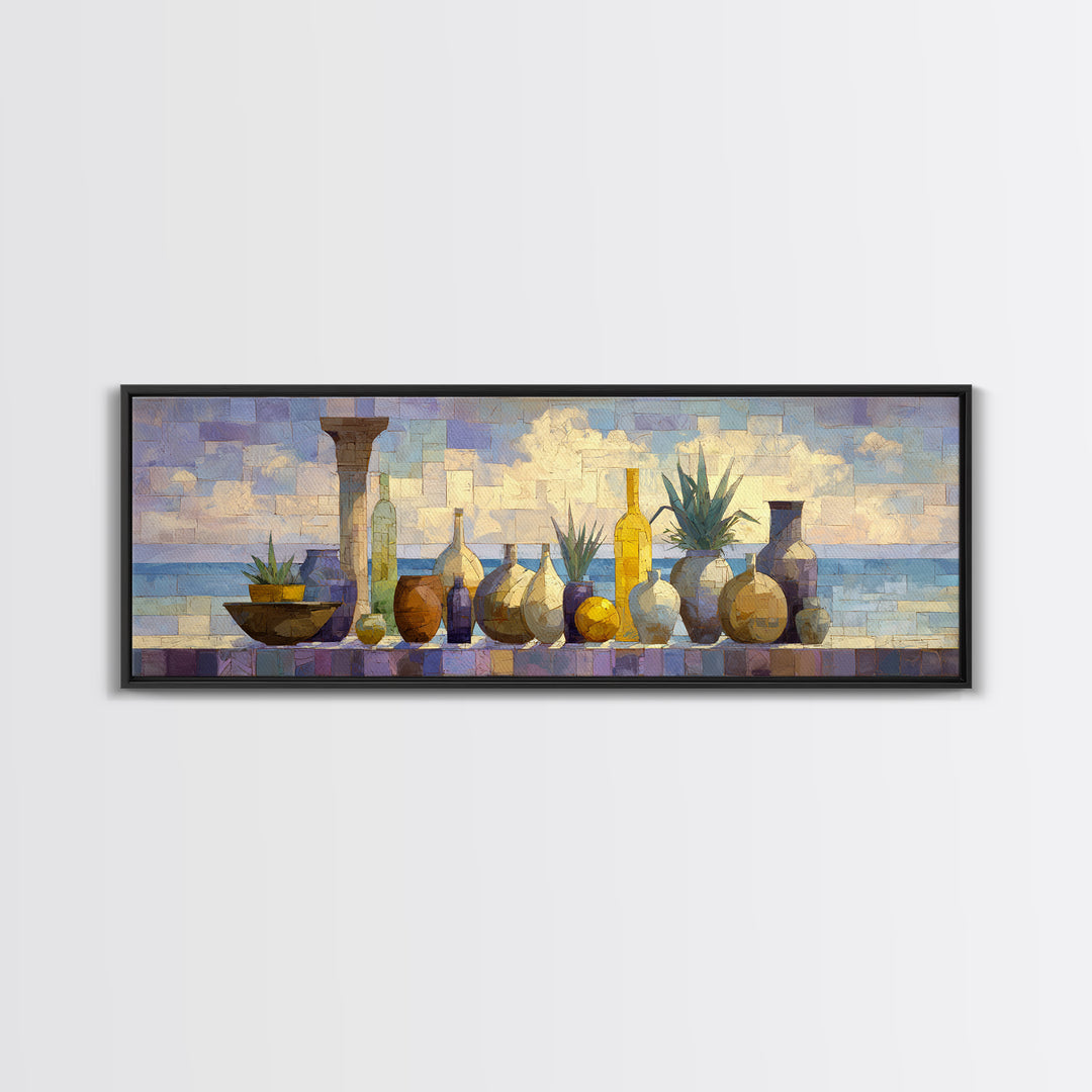 Ancient Column with Sea and Sky Beyond Framed Canvas Print, Mediterranean Art, Luxury Decor, Living Room Decor, Abstract Art, MAR-3x1-52
