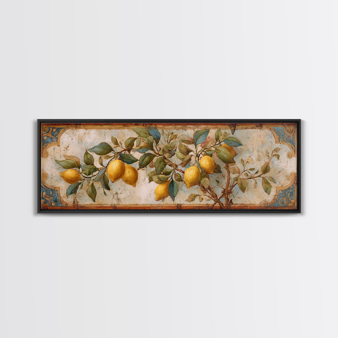Sicilian Lemon Branch on Ivory Background Canvas Print, Mediterranean Art, Modern Wall Art, Living Room Decor, Azure, MAR-3x1-53