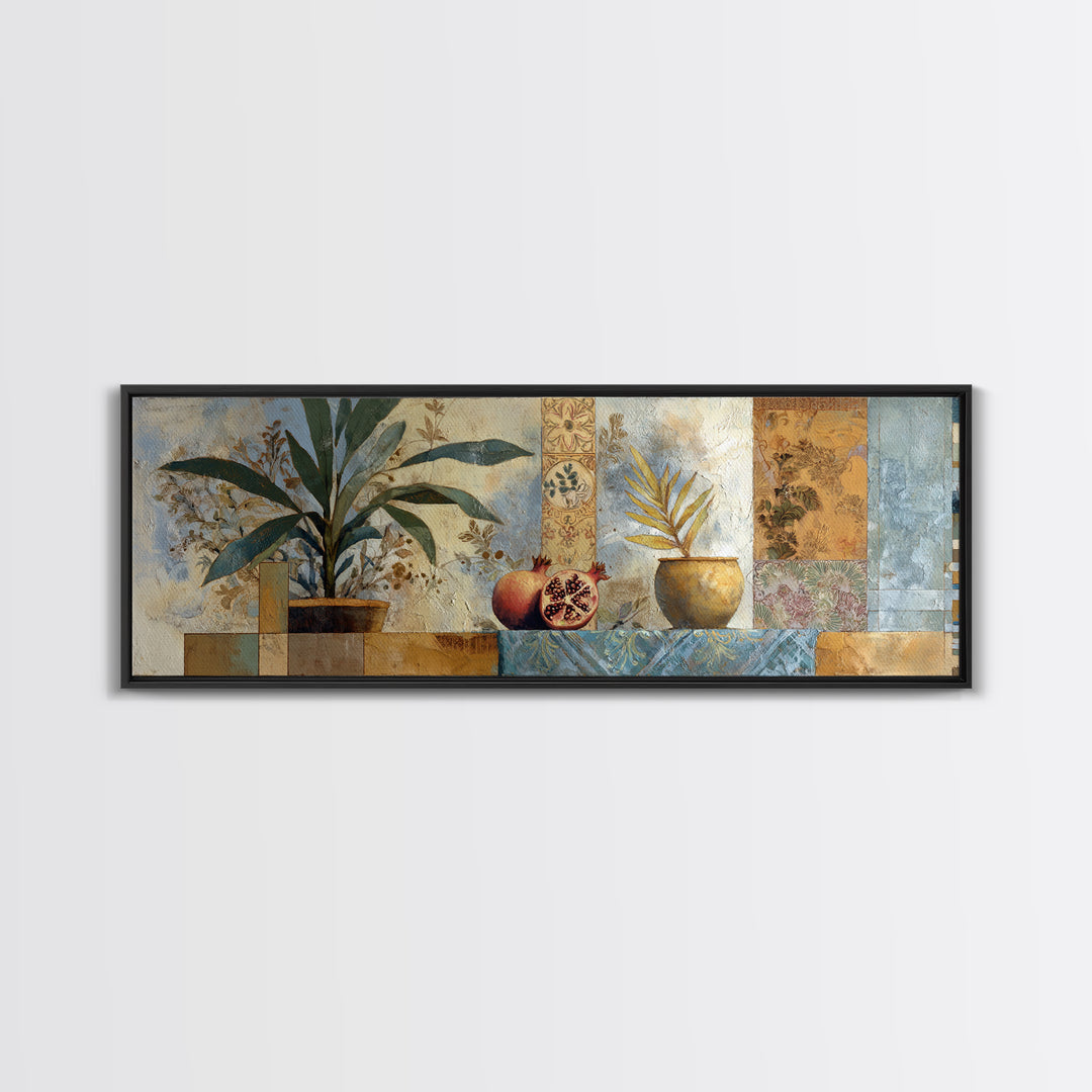 Pomegranate Still Life Framed Canvas Print, Mediterranean Art, Textured Painting, Living Room Decor, Fine Art, Azure, MAR-3x1-59