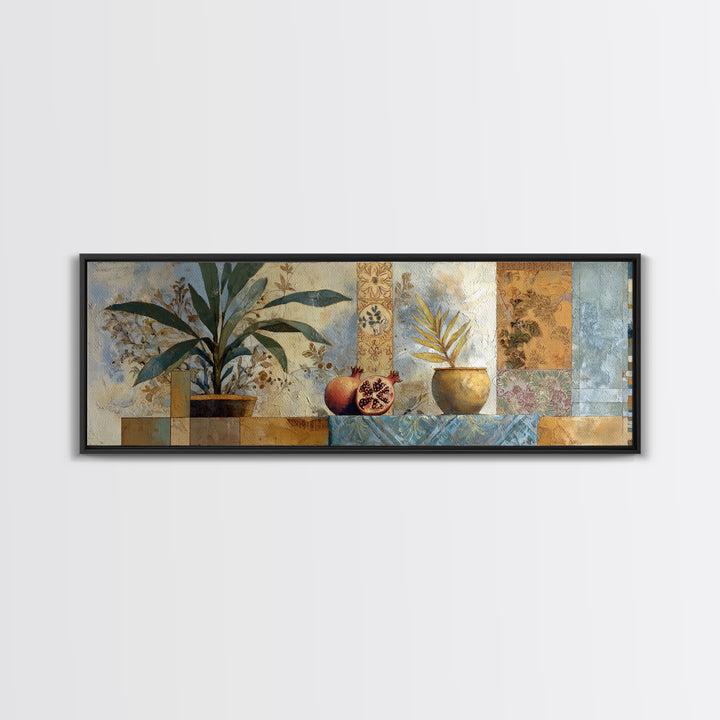 Pomegranate Still Life Framed Canvas Print, Mediterranean Art, Textured Painting, Living Room Decor, Fine Art, Azure, MAR-3x1-59