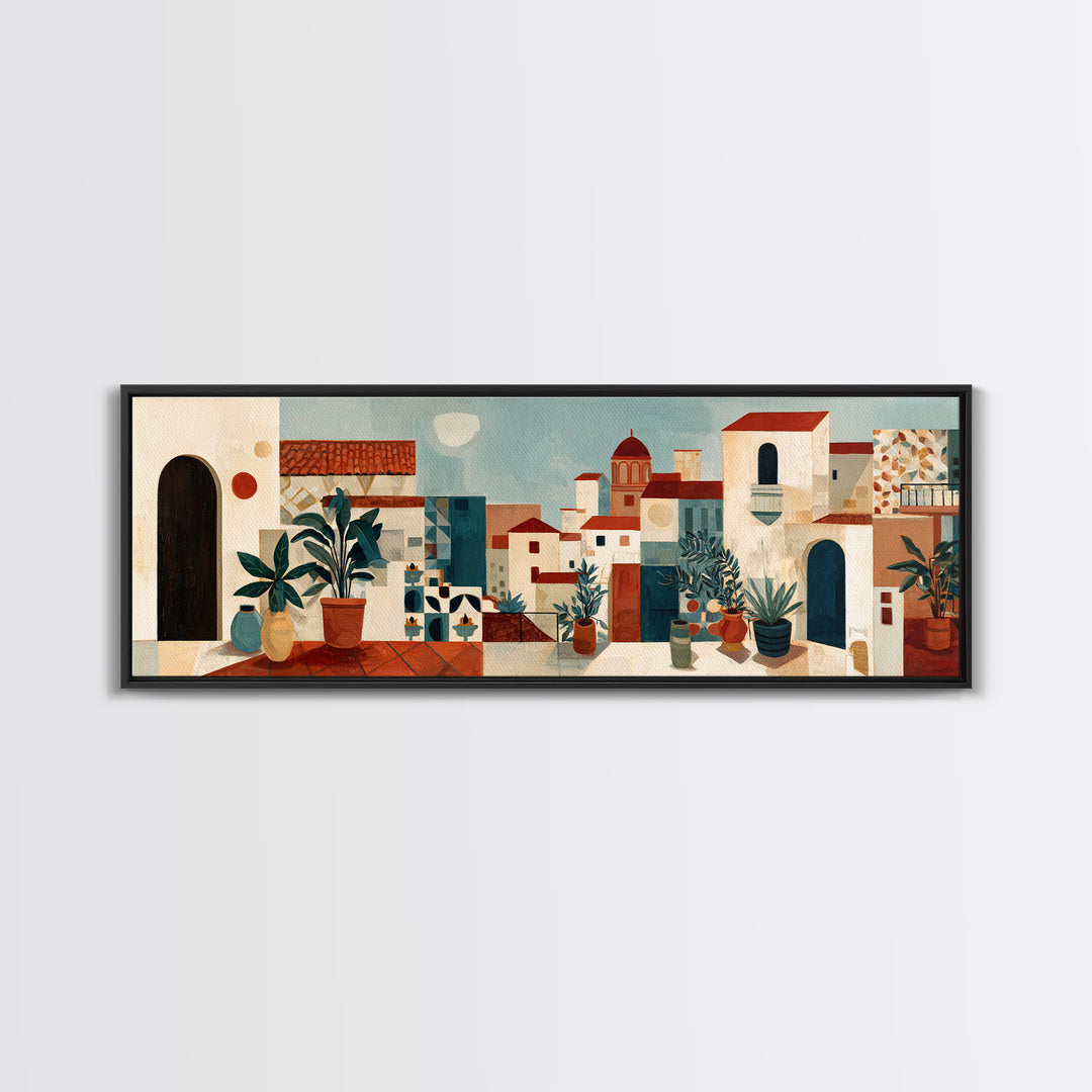 Sunset over Red Tiled Rooftops Framed Canvas Print, Mediterranean Art, Boho Decor, Living Room Decor, Fine Art, Azure, MAR-3x1-63