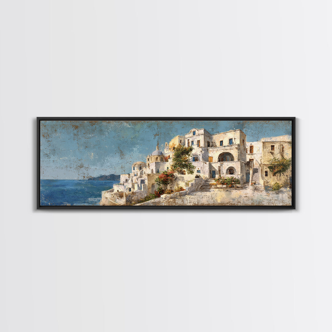 Greek Island White Buildings Above Blue Sea Canvas Print, Mediterranean Art, Coastal Wall Art, Living Room Decor, MAR-3x1-65