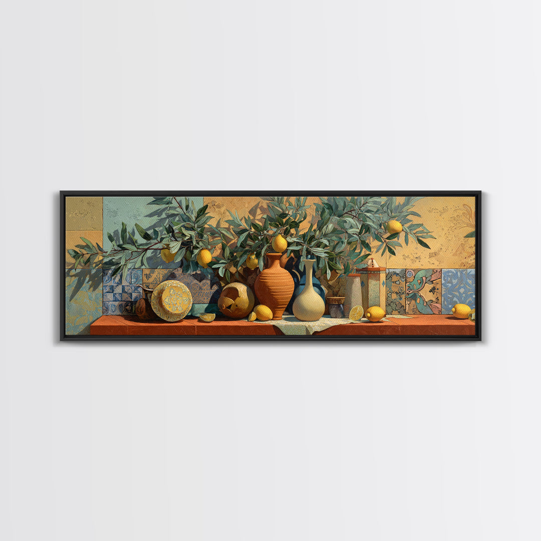 Olive Branch and Lemons on Terracotta Ground Canvas Print, Mediterranean Art, Farmhouse Decor, Living Room Decor, MAR-3x1-66