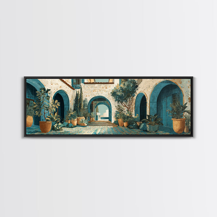 Mediterranean Arch Framing Ocean Horizon Framed Canvas Print, Mediterranean Art, Digital Wall Art, Living Room Decor, Azure, MAR-3x1-67