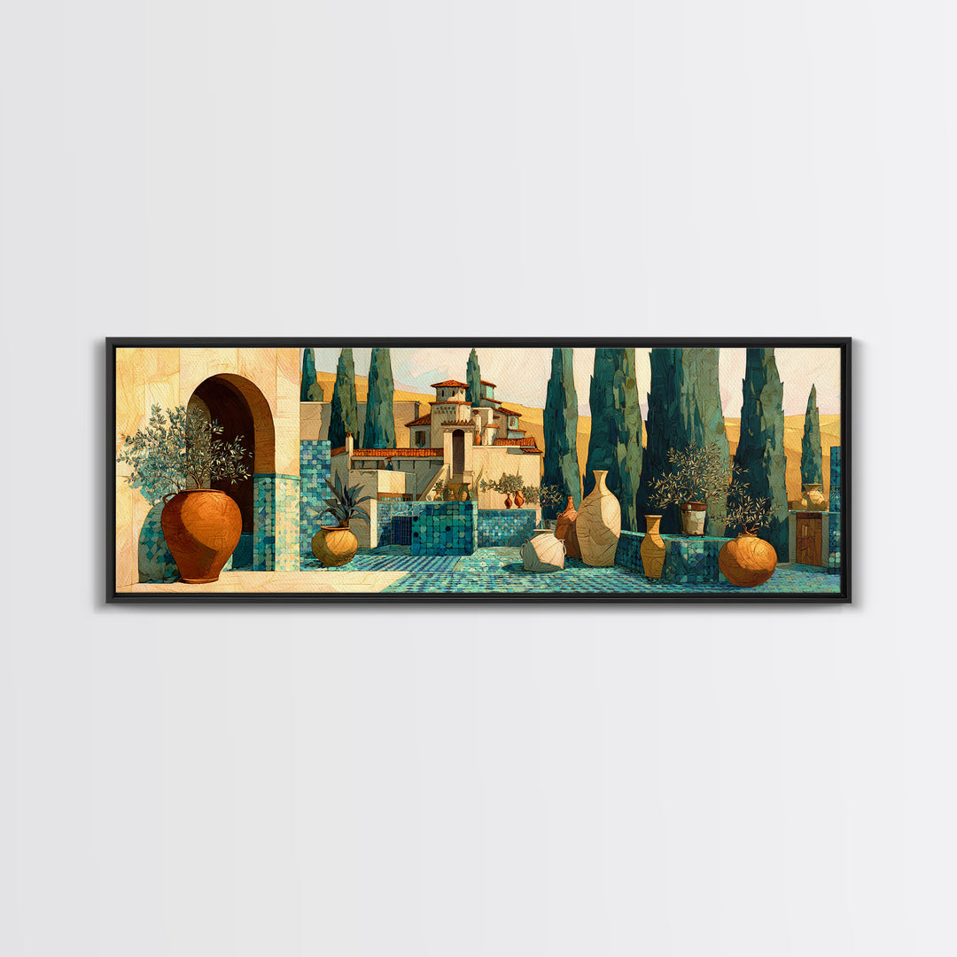 Tuscan Cypress Trees and Golden Hillside Canvas Print, Mediterranean Art, Modern Decor, Living Room Decor, Oil Painting, Azure, MAR-3x1-70