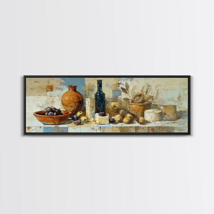 Figs Olives and Cheese Still Life Framed Canvas Print, Mediterranean Art, Minimalist Decor, Living Room Decor, Fine Art, Azure, MAR-3x1-72