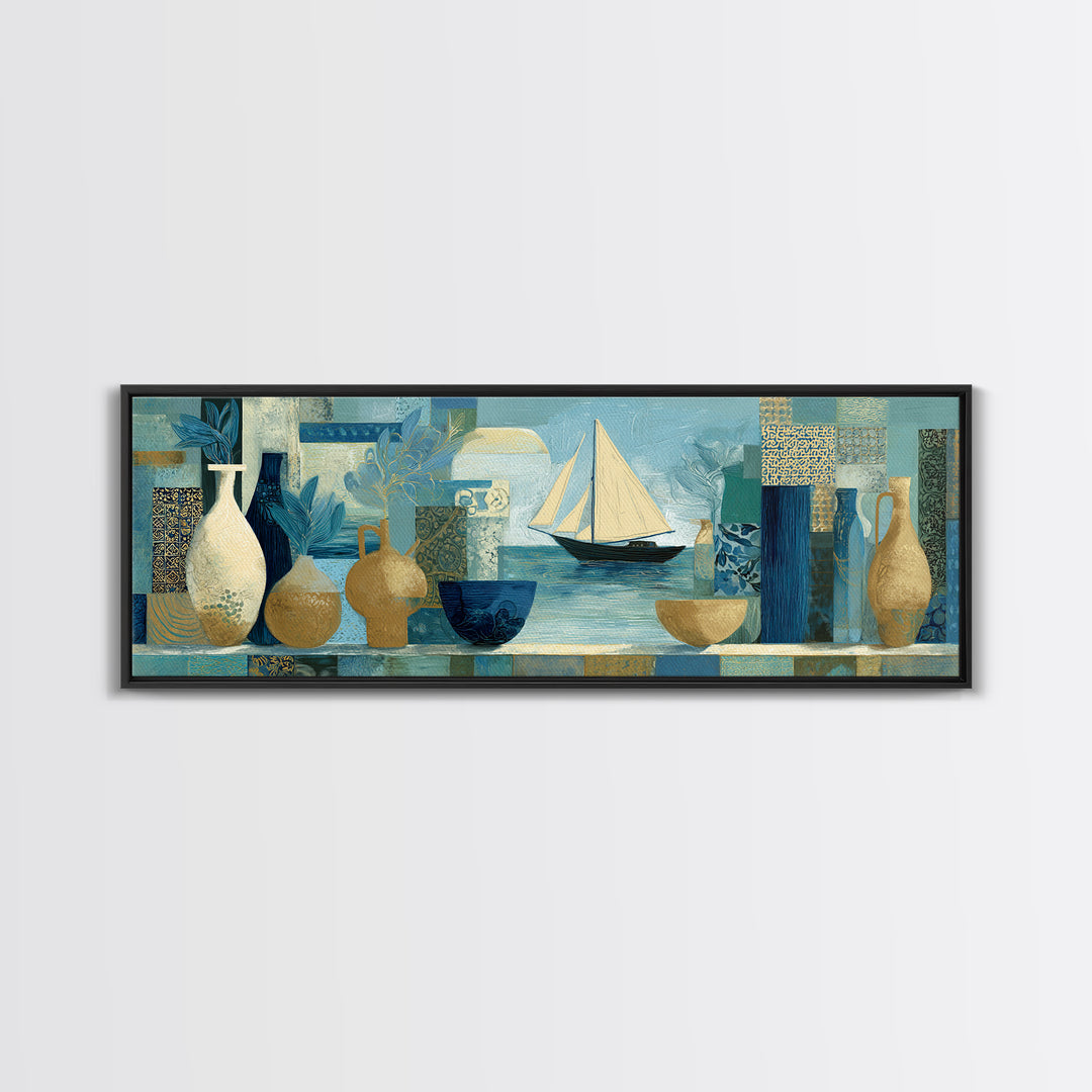 Mediterranean Sailboat on Glassy Water Framed Canvas Print, Mediterranean Art, Printable Art, Living Room Decor, Azure, MAR-3x1-82