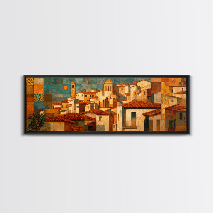 Sunset over Red Tiled Rooftops Framed Canvas Print, Mediterranean Art, Oil Painting, Living Room Decor, Fine Art, Azure, MAR-3x1-87