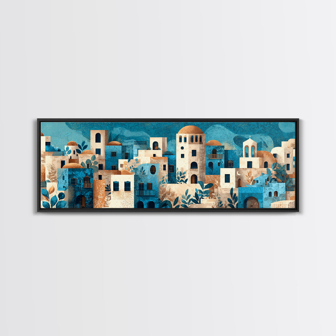 Greek Island White Buildings Above Blue Sea Canvas Print, Mediterranean Art, Landscape Painting, Living Room Decor, Azure, MAR-3x1-89